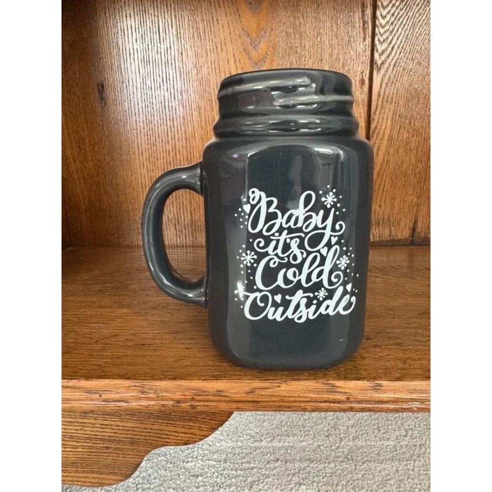 World Market “Baby It’s Cold Outside” Mason Jar Mug Gray Ceramic Coffee Cup